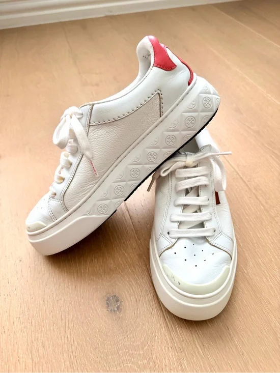 Tory Burch White Leather Ladybug Low-Top Sneakers with Coral Heel Accent