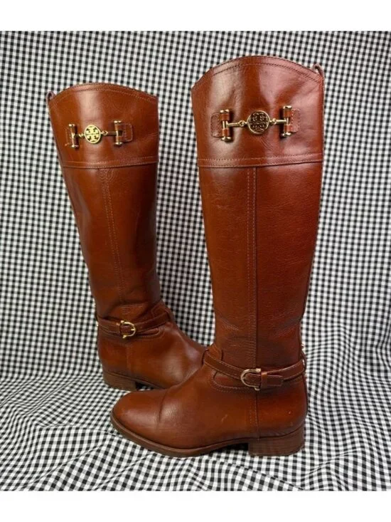 Tory Burch Nadine Brown Leather Riding Boots Womens 7 M Tall Gold Logo
