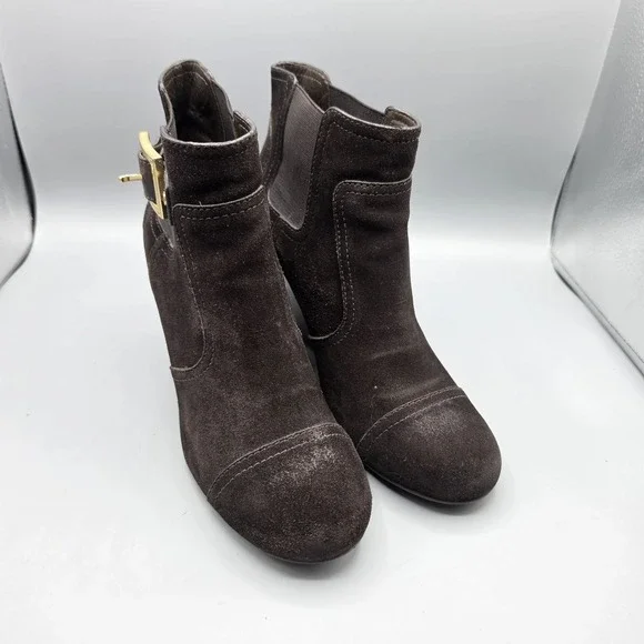 Tory Burch Deanna Booties‎ Womens 10.5 Brown Suede Distressed Wedge Buckles