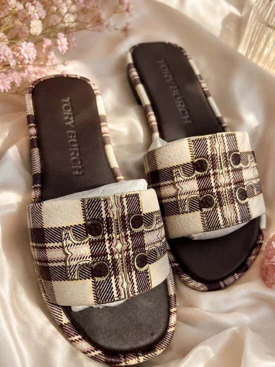 TORY BURCH Double T Plaid Logo Slide Sandal - Brown/Cream/Gold