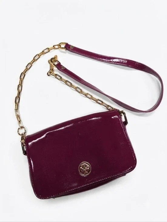 Tory Burch Patent Leather Flap Crossbody Bag – Deep Burgundy/Wine with Gold-Tone