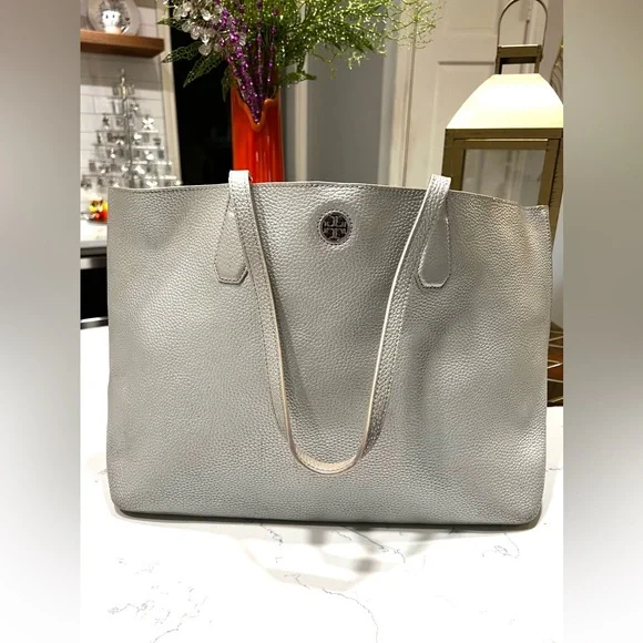 Tory Burch Perry Metallic Gray Leather Large Silver Tote Bag