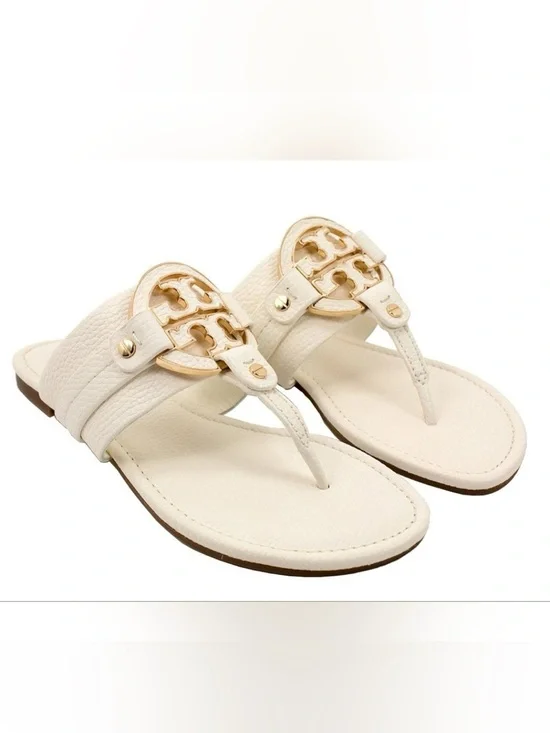 Tory Burch Miller Amanda Sandal Cream White Gold Logo size 9 resort casual