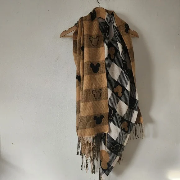 NWOT Mickey Mouse Brown White Black Plaid Scarf Fringe Classic