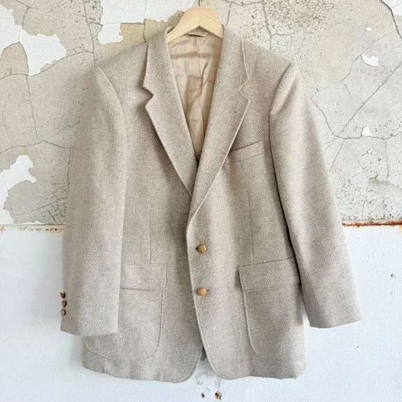 Vtg 90s Blazer Wool Herringbone Beige Sport Coat Barrington Jacket USA Made‎ 42R