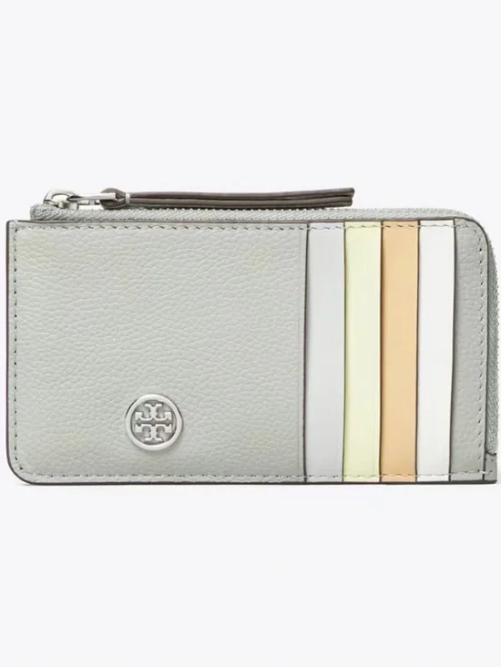 TORY BURCH ROBINSON PEBBLED TOP-ZIP CARD CASE LIGHT GRANITE NWT photo in listing
