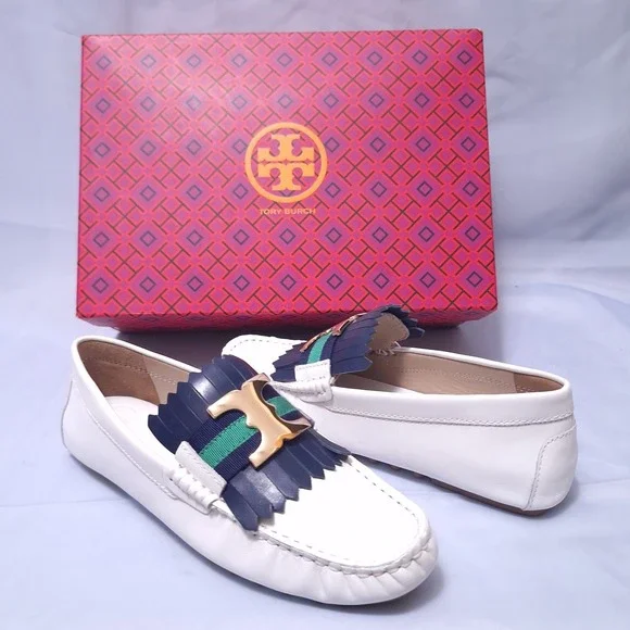 Tory Burch Gemini Link Driver Leather Loafers White Navy Fringe‎ Shoes Sz 6 NIB