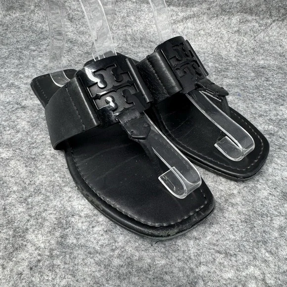 Tory Burch Georgia Thong Sandals Size 7 Calfskin Leather Perfect Black 84937