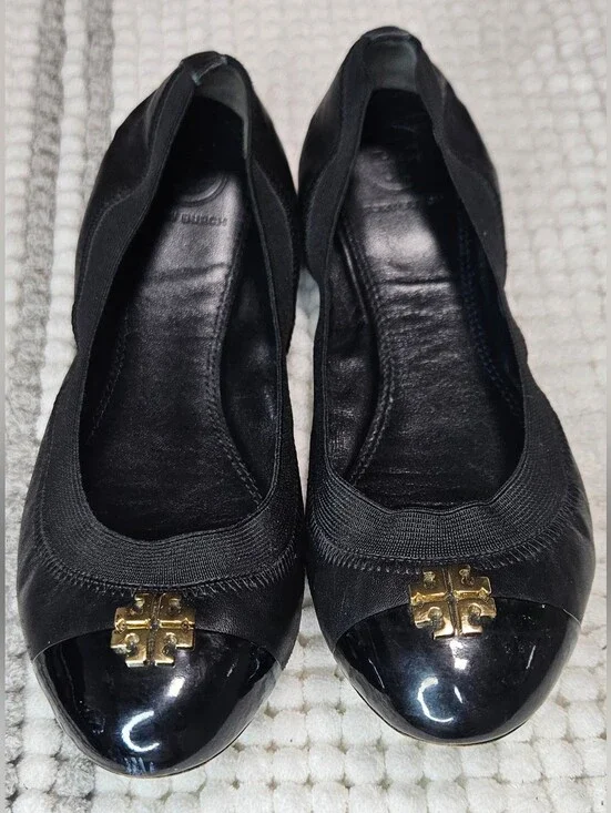 Tory Burch Ballet Flats Size-8 Black Gold Leather Jolie Stretch Shoes.