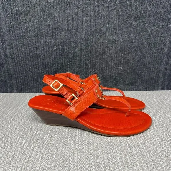 Tory Burch Robinson Demi Wedge Sandals Thong Slingback Orange Leather Womens 8.5