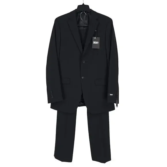 DKNY Mens Modern Fit 2 Piece Suit 40L 32x32 Black Solid Stretch NWT