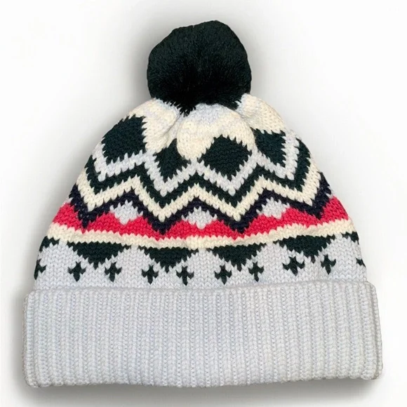 TORY BURCH Wintery Fair Isle Hat‎ Merino Wool Pom Pom Beanie Blue Green Pink OS