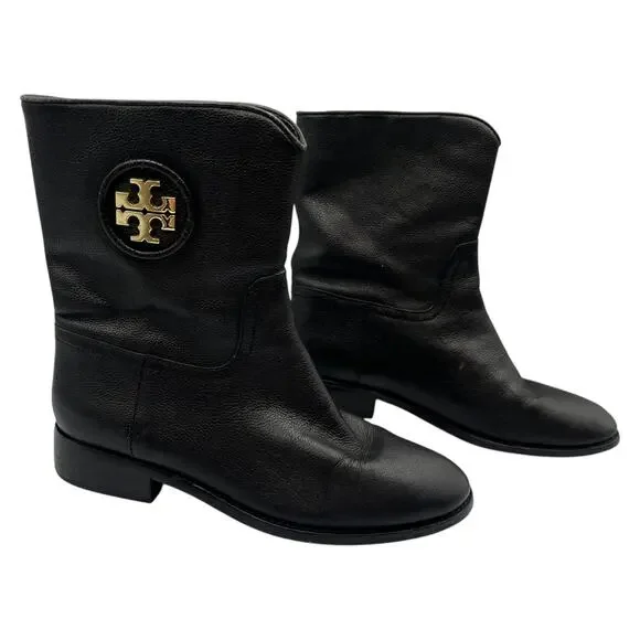 Tory Burch Hallie Mid Shaft Leather Moto Riding Boots Booties Black Size 6.5M