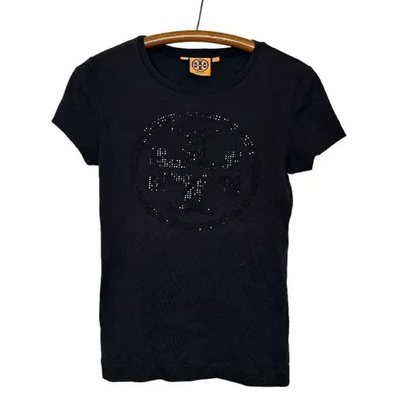 TORY BURCH Rhinestone Logo Black T-Shirt