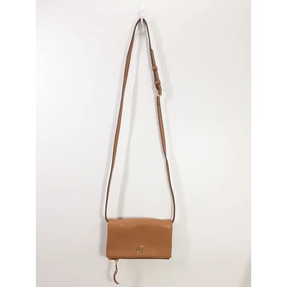 Tory Burch Robinson Crossbody Bag Small Clutch Foldover Tan Pebbled Leather