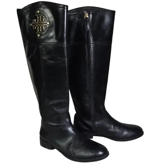 Tory Burch Kiernan Black Leather Riding Boots With Gold  Tone Logo Womens Size 8
