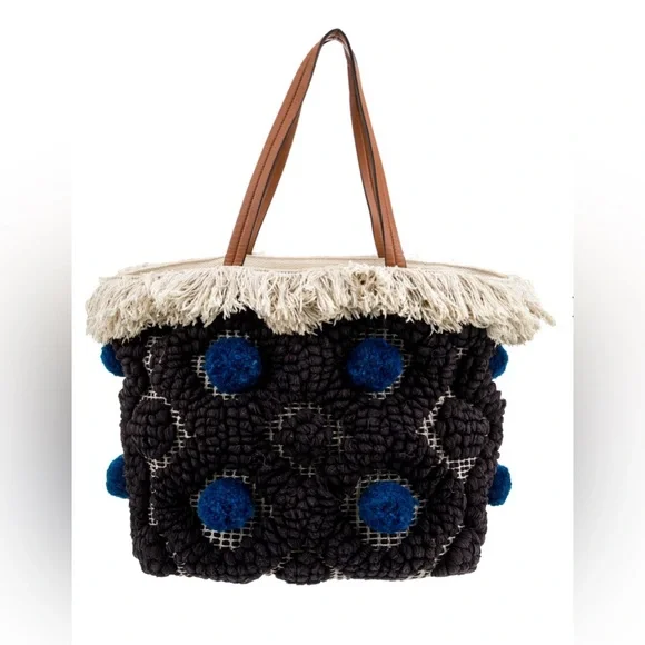 Tory Burch Black & Blue Pom Pom Canvas Tote Bag with Fringe & Leather Handles