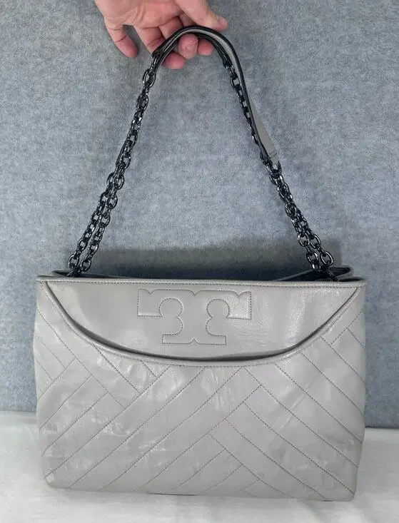 Tory Burch Alexa Quilted Slouchy Soft Leather Tote Purse Grey Pewter Chain