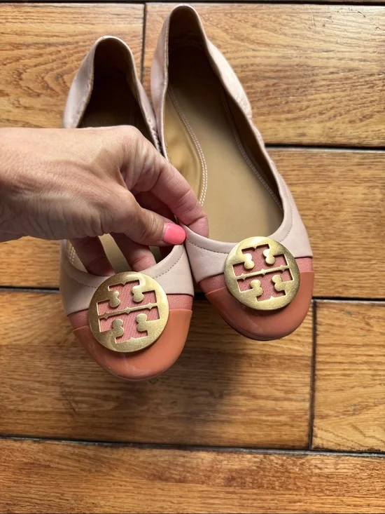 Tory Burch 7.5 Minnie Sea Shell Pink TRAMONTO Cap Toe Ballet Flats Napa Leather