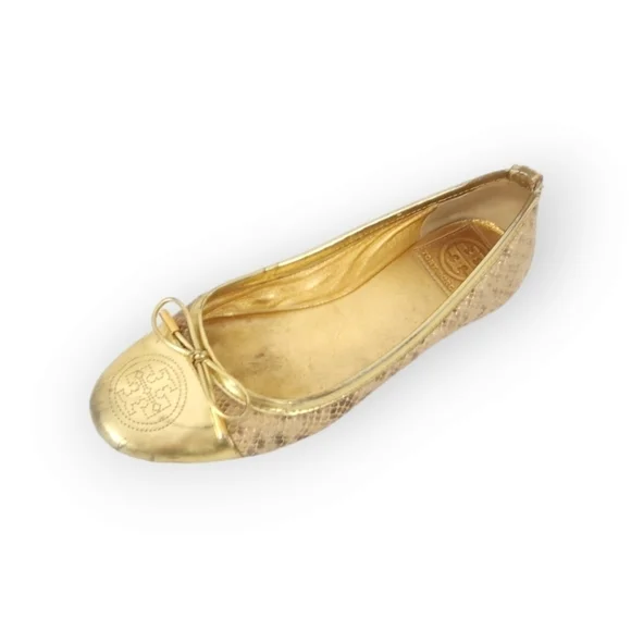 Tory Burch Verbena Snake Embossed Leather/Gold Patent Ballet Flat Size 7
