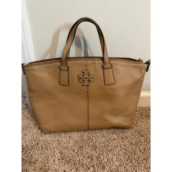 Tory Burch Mcgraw Cream Pebble Leather Top Zip Satchel Crossbody