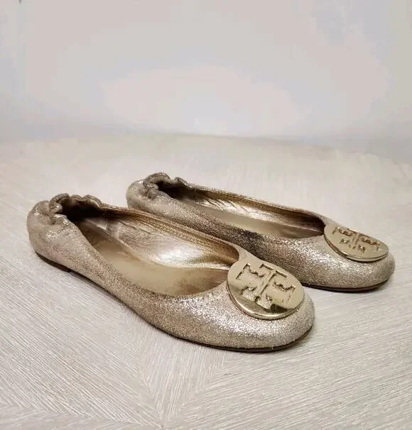 TORY BURCH 'Minnie' Travel Ballet Flat Royal Mettalic Gold Glitter Logo Sz 6M