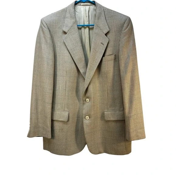 Alan Lebow for Hartz Mens Houndstooth Blazer Sport Coat Tan Blue Plaid Sz44 READ