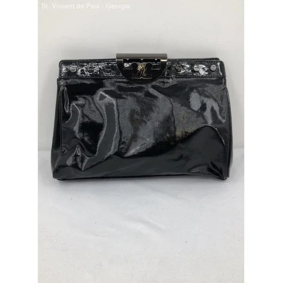 Vintage Tory Burch Black Patent Leather Clutch Handbag Purse Metal Clasp Studded