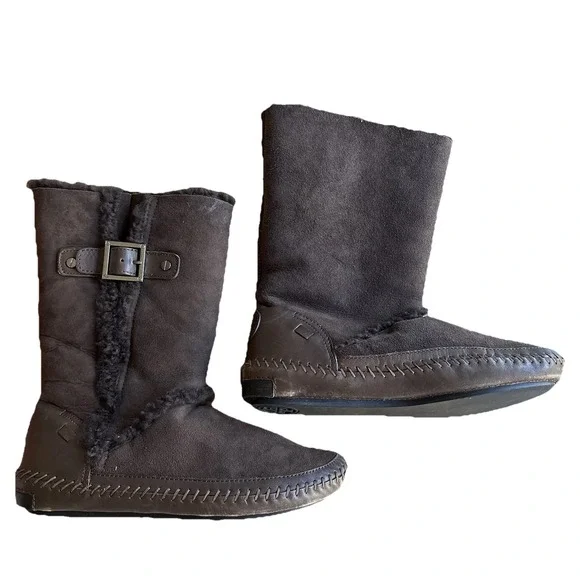 TORY BURCH Sheepskin Shearling Brwn Suede Leather Ugg Boots Mid Calf Winter SZ 7