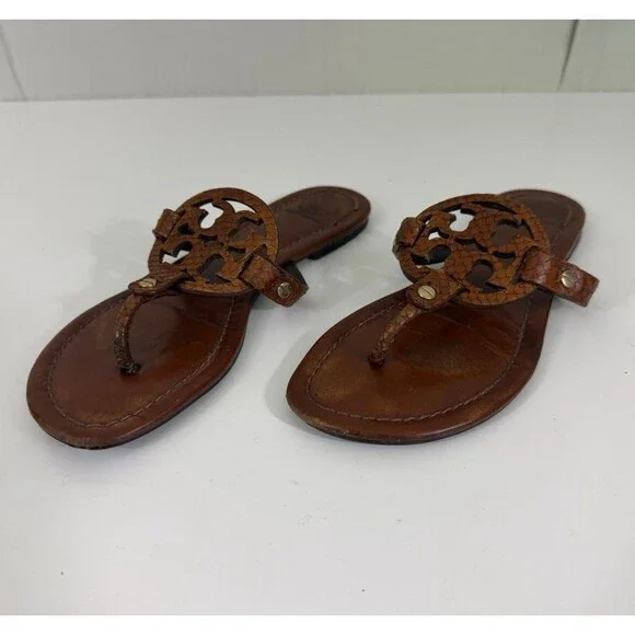 Tory Burch Miller Sandal Logo Brown Leather Model Off Duty Sz 7 M