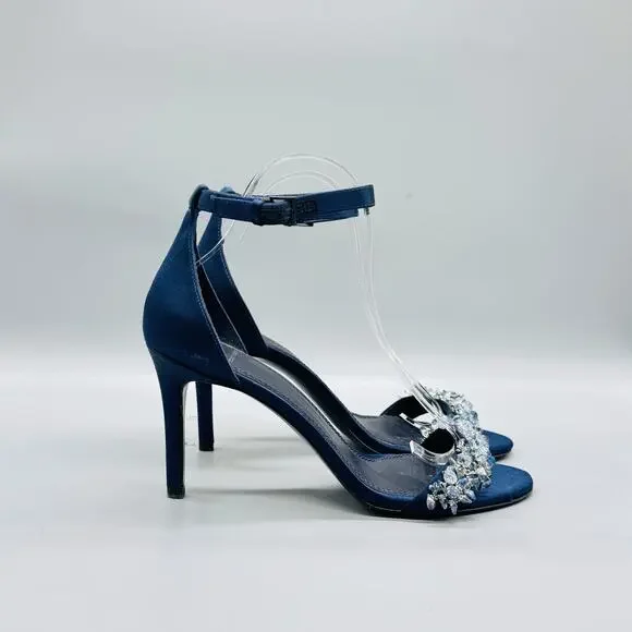 Tory Burch Sandals Women 9.5 Blue Satin Crystal Embellished Ankle Strap Stiletto