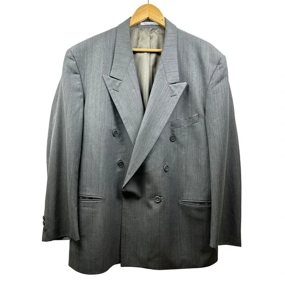 Yves Saint Laurent Mens Wool Blazer 46R Gray Pinstripe DB Made in France Vintage