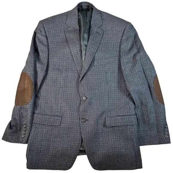 Chaps Mens 40R‎ Wool Blazer Sport Coat Blue Houndstooth Elbow Patches 100% Wool