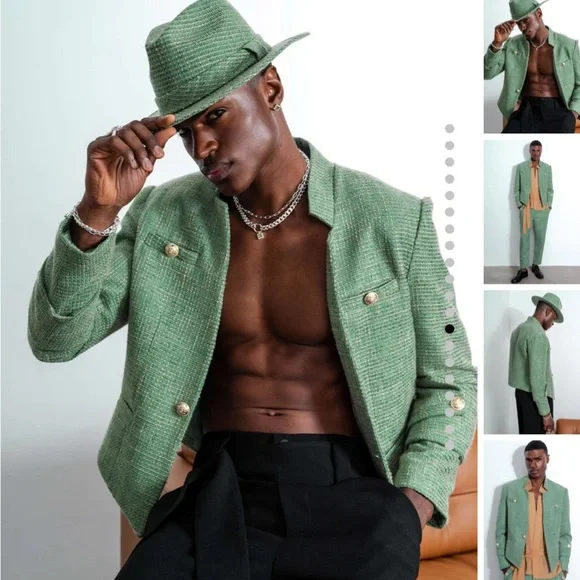 ORTTU Star Neck Jacket Green Tweed Gold Accents Size Medium Military Glamor $290