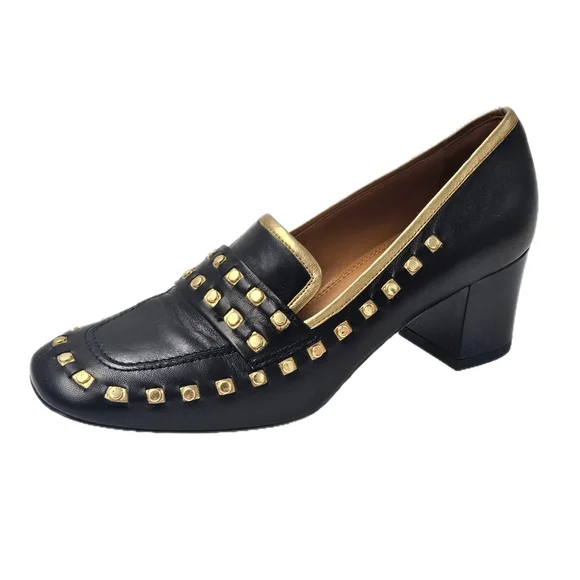 Tory Burch Studded Block Heel Loafer Pump Black Gold Leather Left Shoe 6.5 US