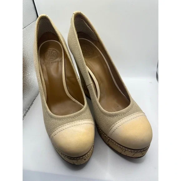 Tory Burch Canvas Leather Wedge Heels Espadrille‎ Cork Platform Shoes 8M