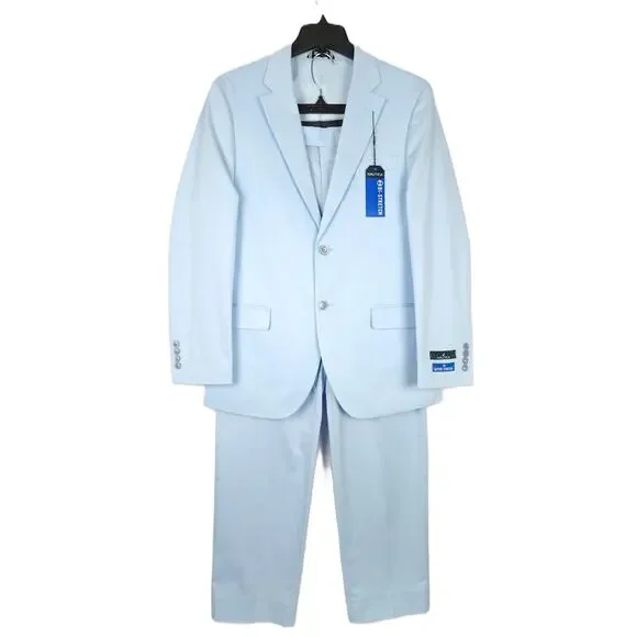 Nautica Mens Modern Fit 2 Piece Suit 40S 34x32 Light Blue Solid Stretch Cotton