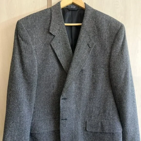 Vintage Barrington Blazer Mens 44S Black White 100% Silk Herringbone Jacket Coat
