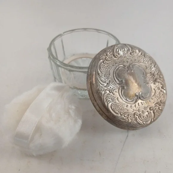 Crystal Powder Box with Silver Plated Lid Powder Puff Davco Silver LTD 7092 NIB