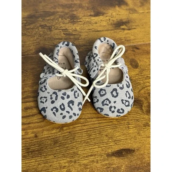 Monkey Feet Infant Gray Leopard Cheetah Tie Moccasins 6-12 Months Baby Girl