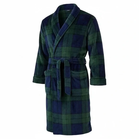 Club Room mens ‎ Navy / Hunter Green Plaid Belted Plush Pajama Robe S/M