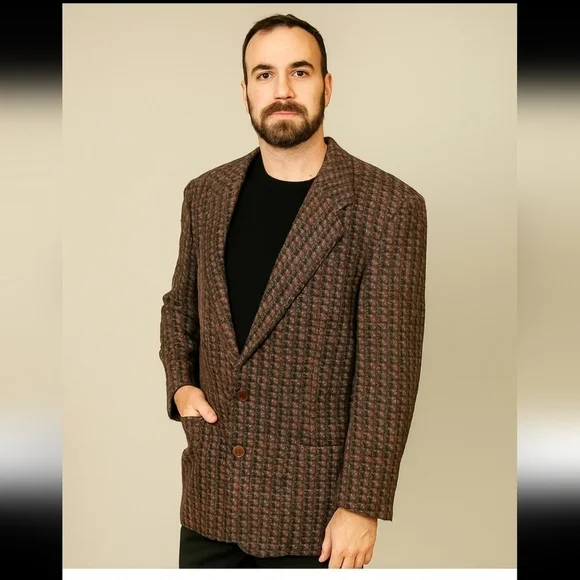 Missoni Brown Virgin Wool Mens Vintage Plaid  Luxury Designer Jacket Blazer 52R