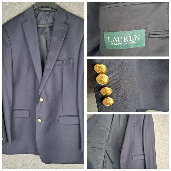 Lauren Ralph Lauren Blazer Mens 44L Navy Wool Gold Button Sport Coat Jacket