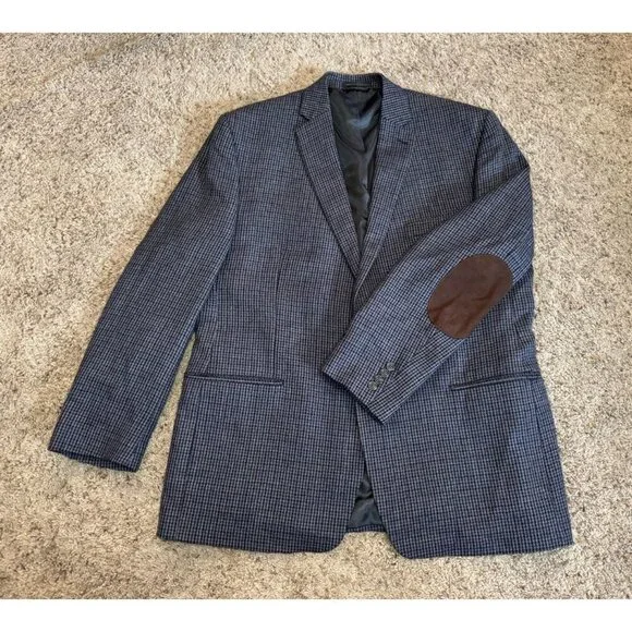 CHAPS 100% Wool Houndstooth Sport Coat Blazer Elbow Patches Academia Prof 48L