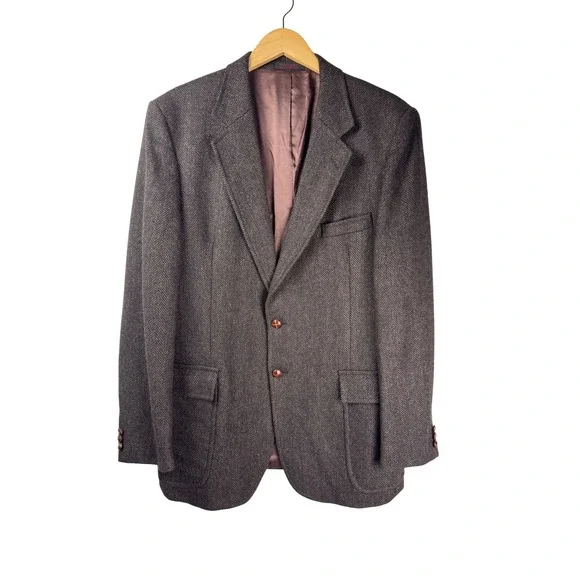 Vintage Boston Trader Blazer Mens 43L Brown Wool Herringbone Sport Coat Jacket