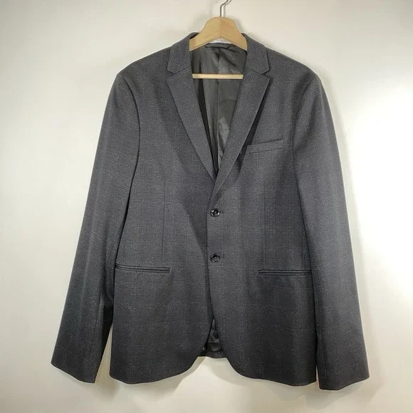Zara Mens Gray Plaid Check Sport Coat Suit Blazer Jacket Size 40 Two Button