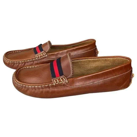 Elephantito Leather Club Loafer Natural Brown Navy Red Ribbon Boy's Size 2