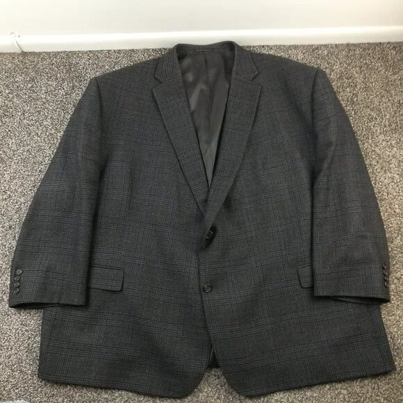 Ralph Lauren Sport Coat 60R Flannel Wool Glen Plaid Gray Brown Blue