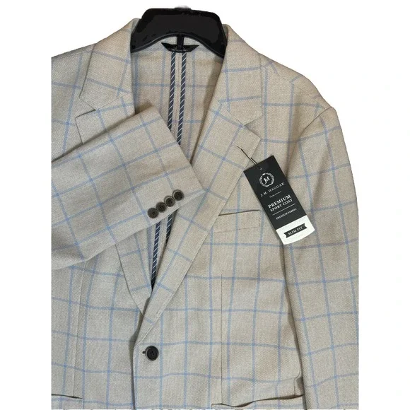 J. M. Haggar Slim‎ Fit Blue/Tan Linen Windowpane Blazer Sport Coat Men's 46R NWT