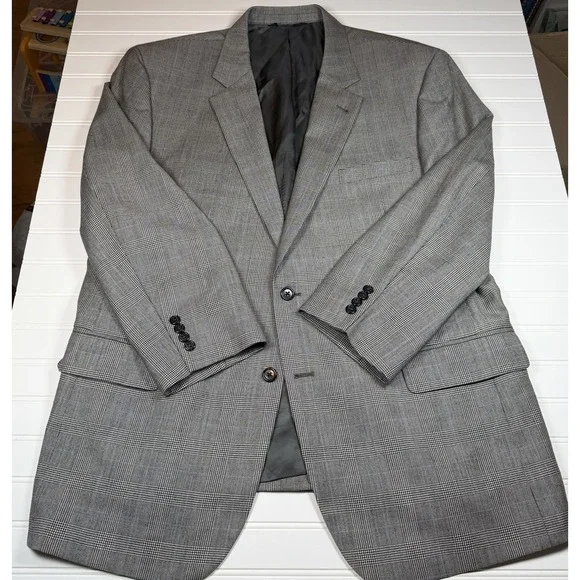 Jos A Bank Glen‎ Plaid Blazer 48R Grey Black Blue Signature Collection 100% Wool